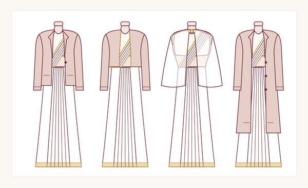 Line drawing of four saree with jacket looks: a blazer, a cropped jacket, a sheer cape and a long coat over a nivi drape