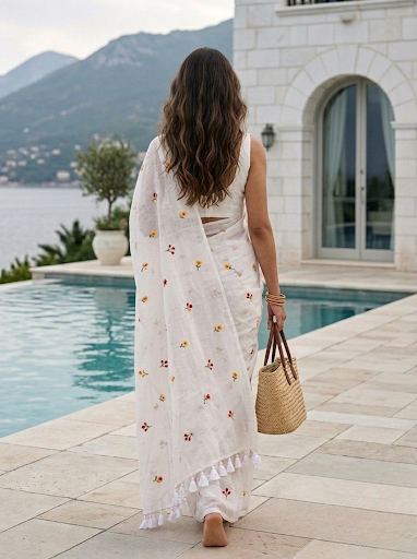 Gardenalia White - Embroidered Mulmul Cotton Saree