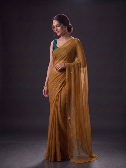 Diva - Olive Green Mukaish Work Pure Chiffon Partywear Saree