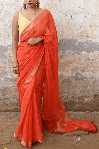 Orange Handloom Linen Saree