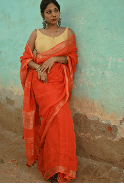 Orange Handloom Linen Saree