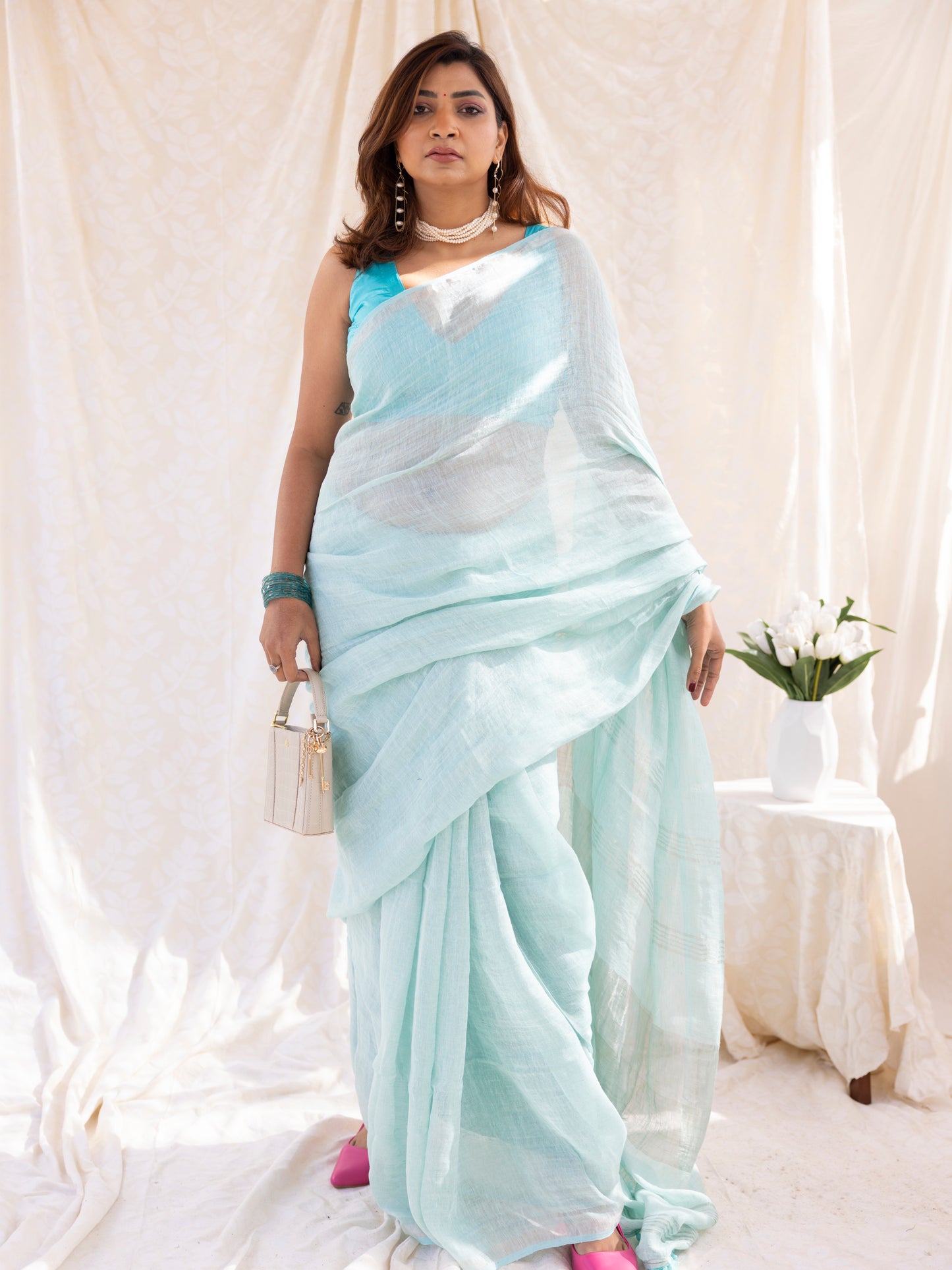 Clear Day - Turquoise Blue Pure Handloom Linen Saree with Zari border