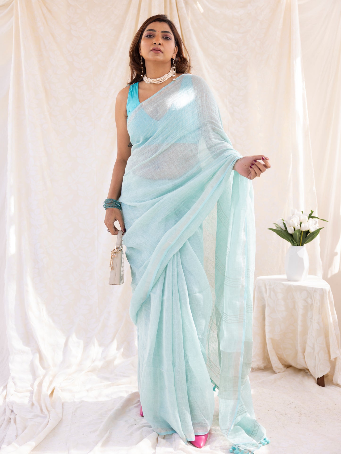 Clear Day - Turquoise Blue Pure Handloom Linen Saree with Zari border