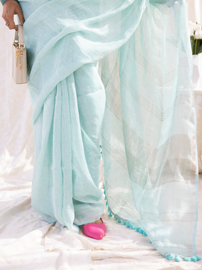 Clear Day - Turquoise Blue Pure Handloom Linen Saree with Zari border