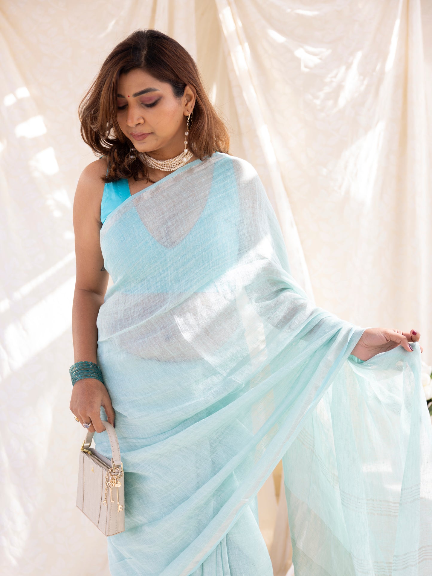 Clear Day - Turquoise Blue Pure Handloom Linen Saree with Zari border