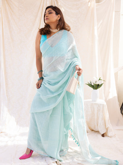 Clear Day - Turquoise Blue Pure Handloom Linen Saree with Zari border