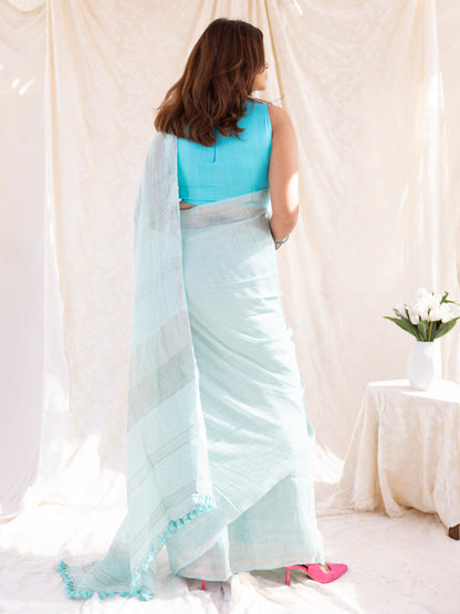 Clear Day - Turquoise Blue Pure Handloom Linen Saree with Zari border
