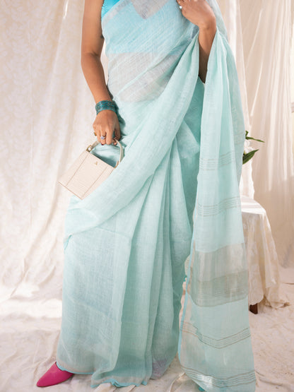 Clear Day - Turquoise Blue Pure Handloom Linen Saree with Zari border