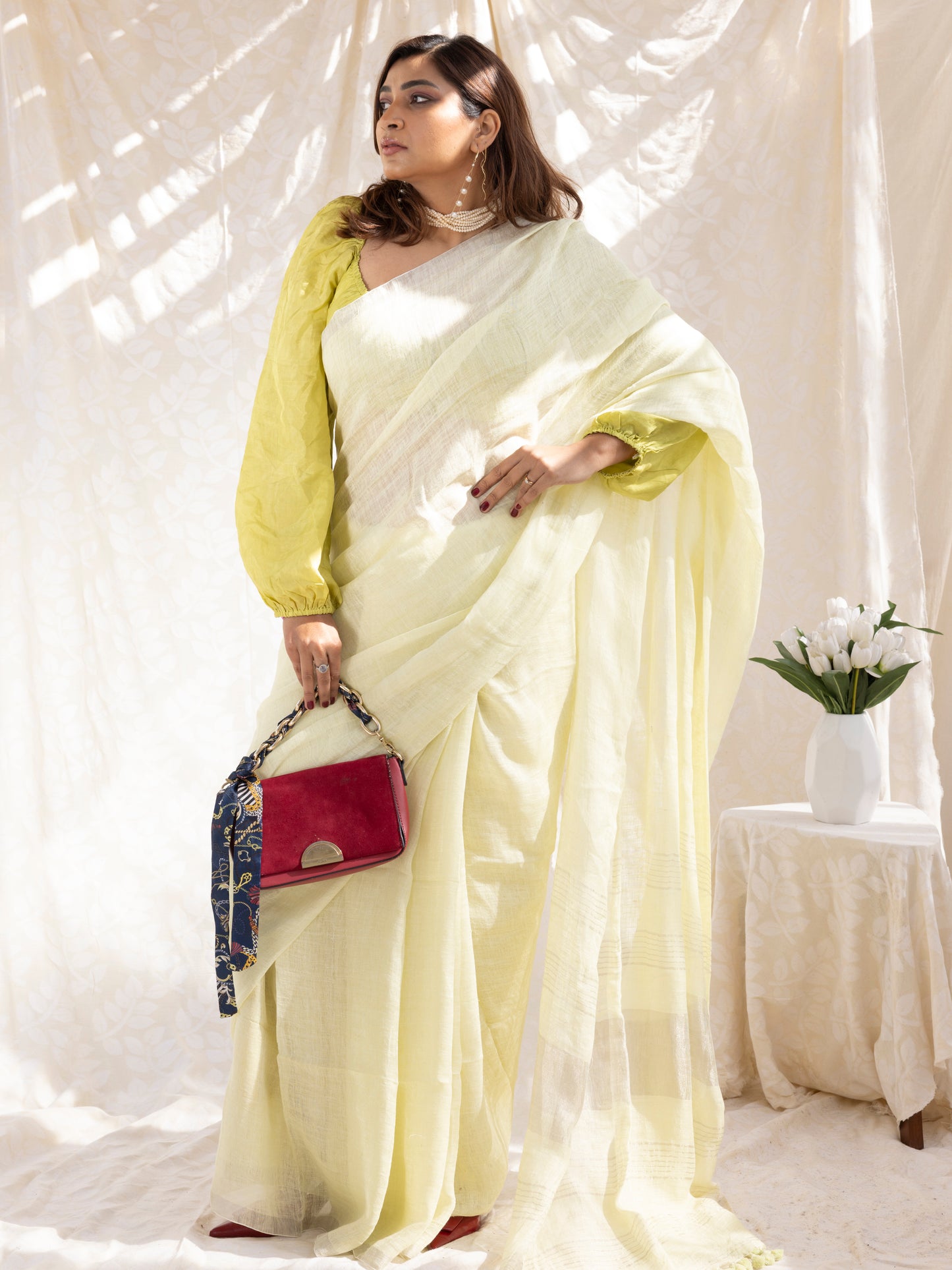 Buttercream - Yellow Pure Handloom Linen Saree with Zari border