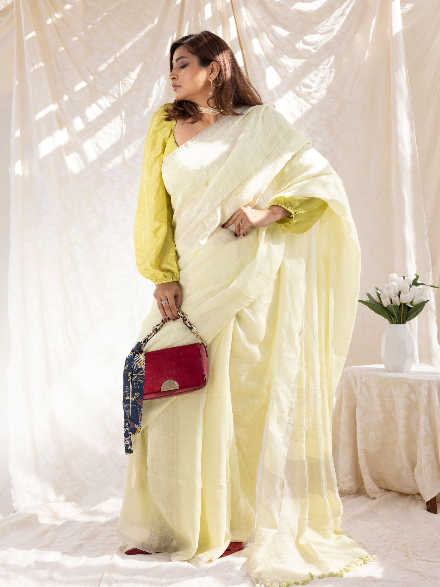 Buttercream - Yellow Pure Handloom Linen Saree with Zari border