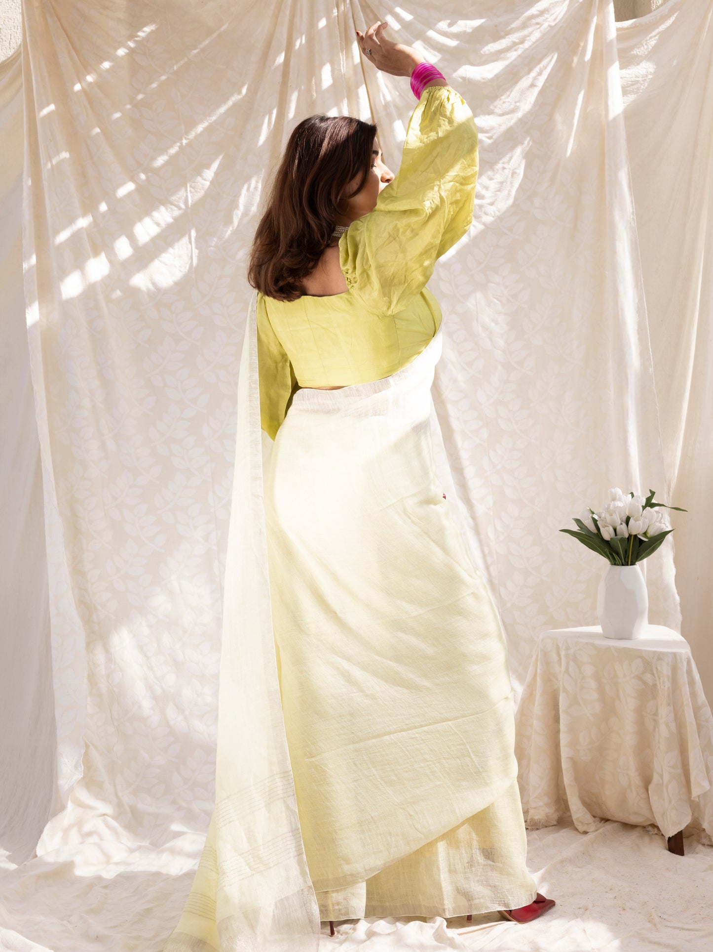 Buttercream - Yellow Pure Handloom Linen Saree with Zari border