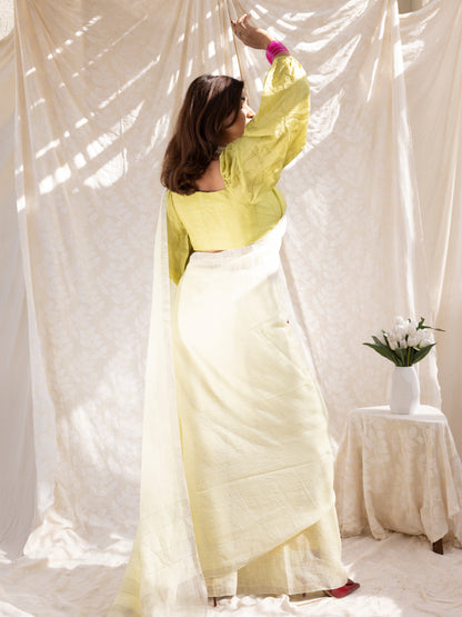 Buttercream - Yellow Pure Handloom Linen Saree with Zari border