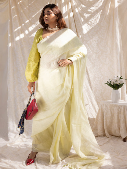 Buttercream - Yellow Pure Handloom Linen Saree with Zari border