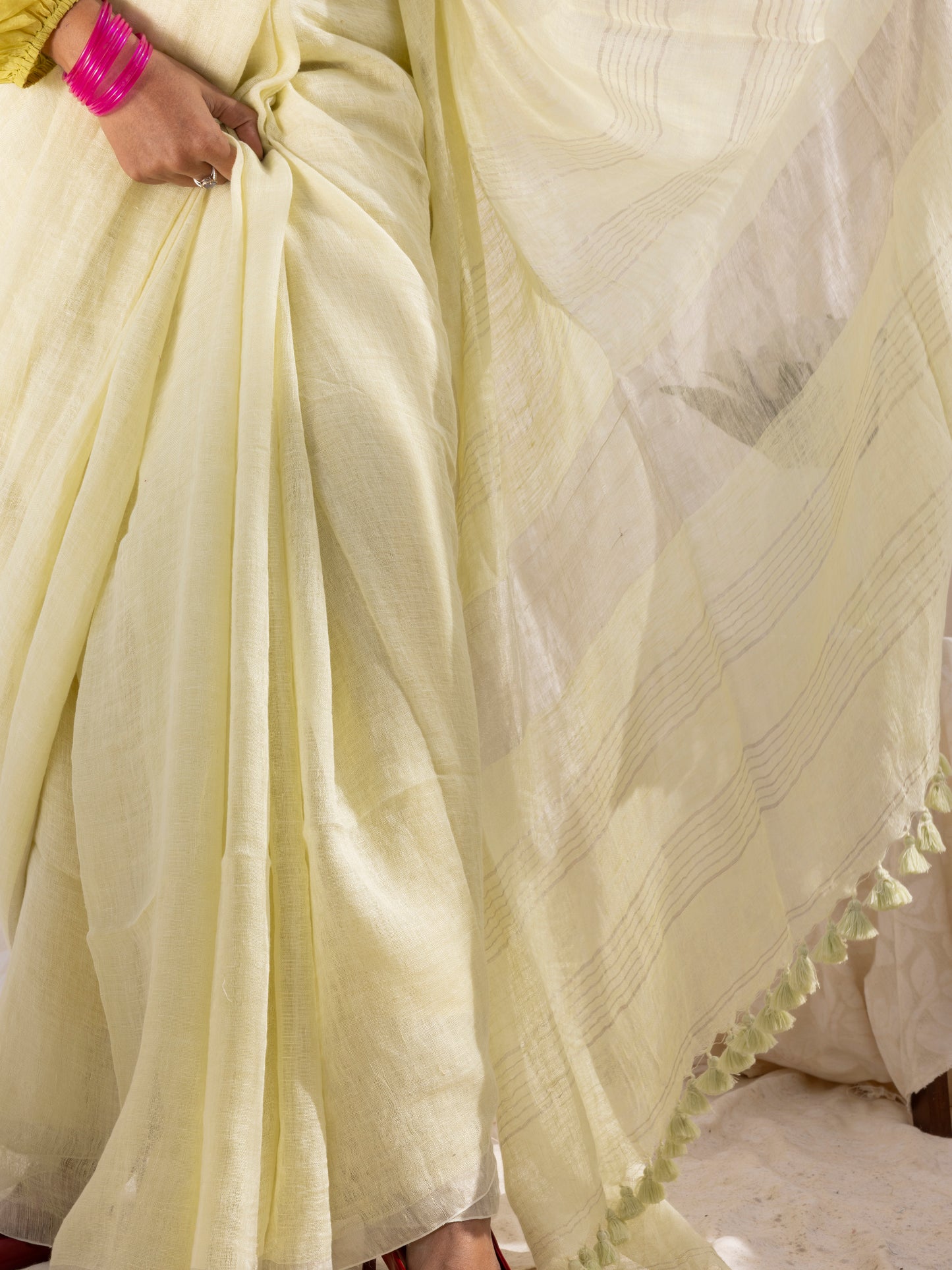Buttercream - Yellow Pure Handloom Linen Saree with Zari border