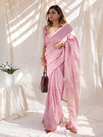 Composure - Pink Pure Handloom Linen Saree with Zari border