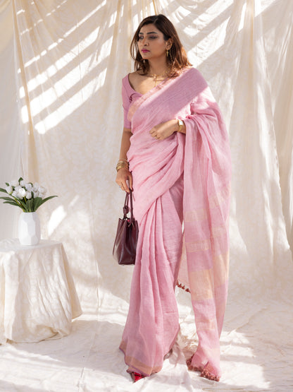 Composure - Pink Pure Handloom Linen Saree with Zari border