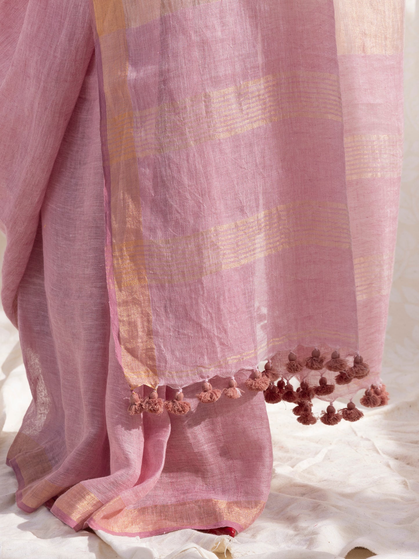 Composure - Pink Pure Handloom Linen Saree with Zari border