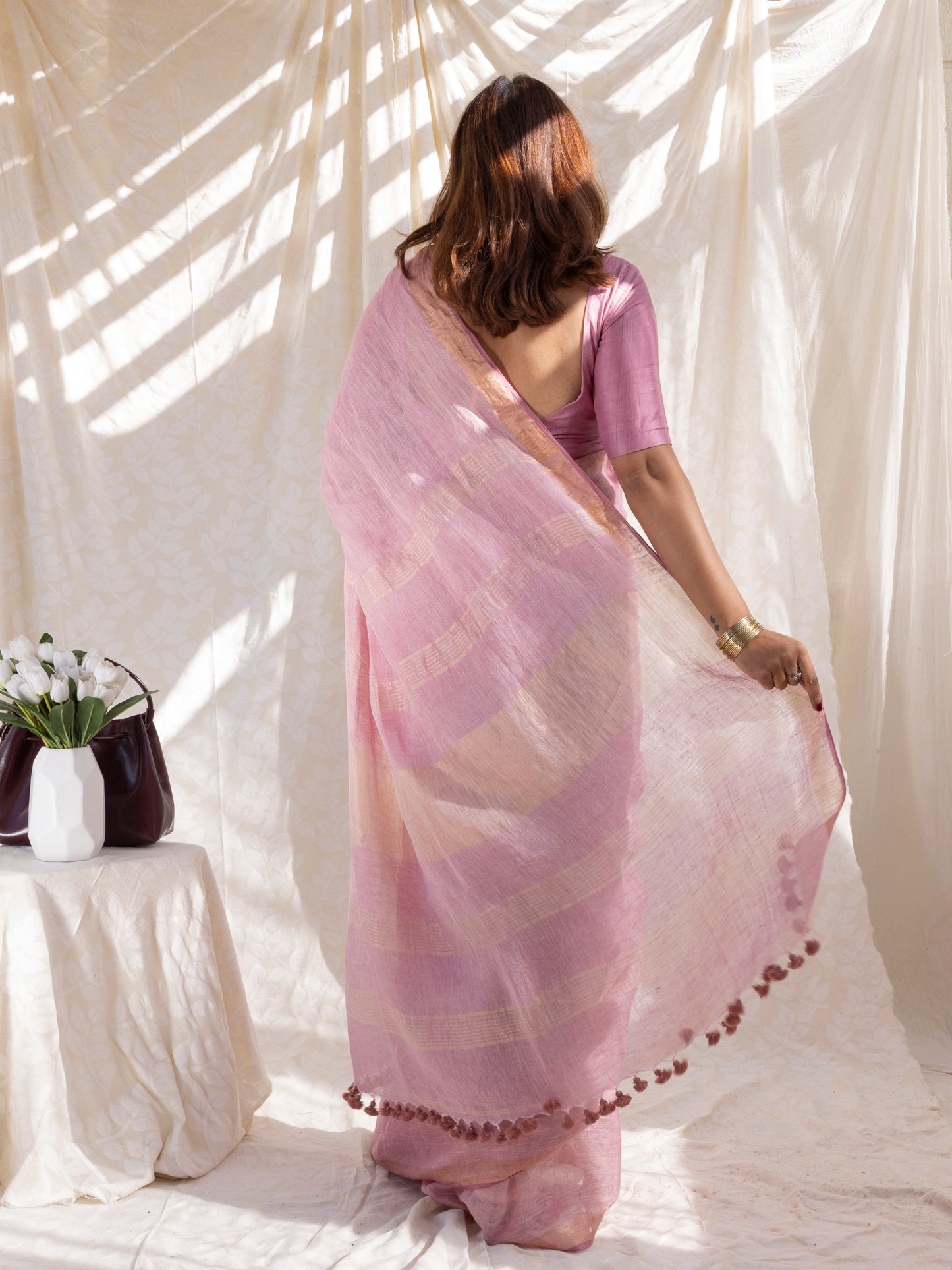Composure - Pink Pure Handloom Linen Saree with Zari border