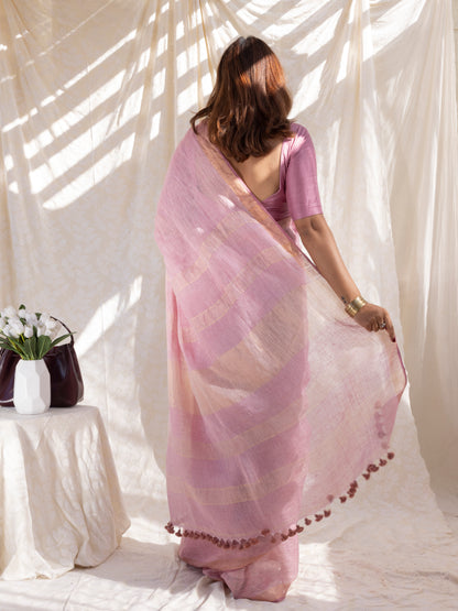 Composure - Pink Pure Handloom Linen Saree with Zari border