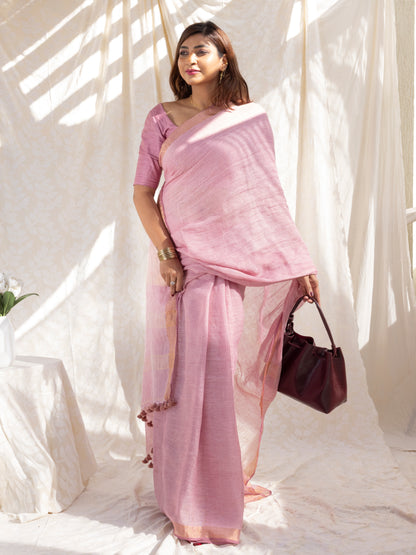 Composure - Pink Pure Handloom Linen Saree with Zari border