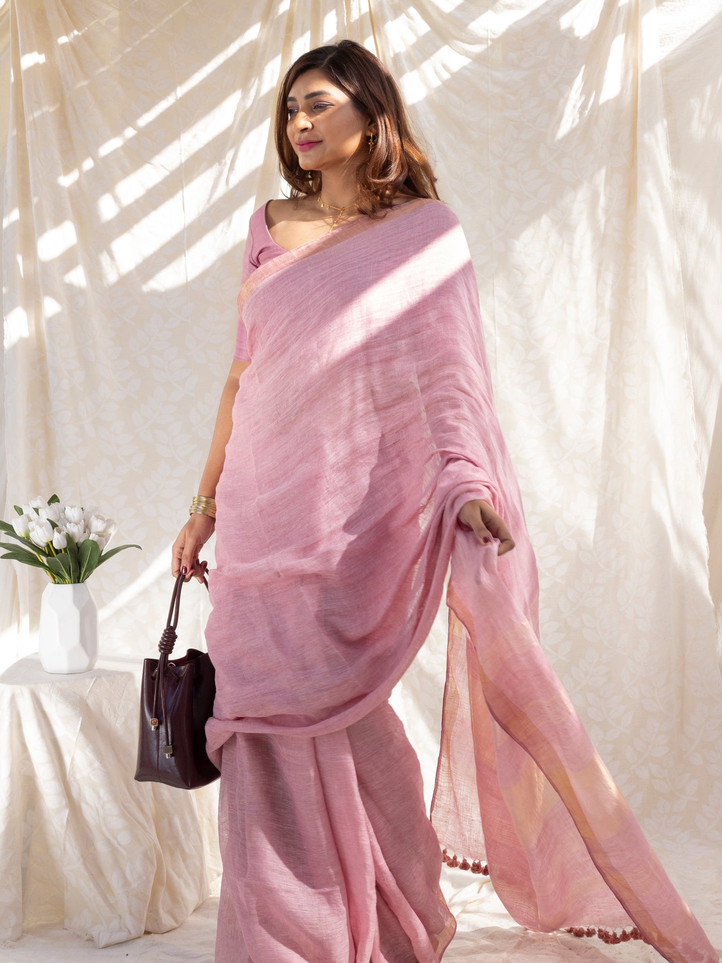 Composure - Pink Pure Handloom Linen Saree with Zari border