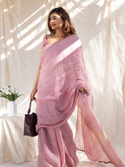 Composure - Pink Pure Handloom Linen Saree with Zari border
