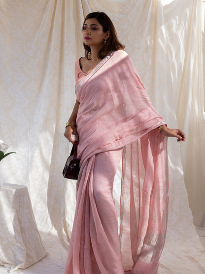 Poise - Pink Pure Handloom Linen Saree with Zari border