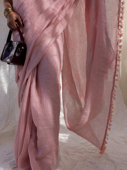 Poise - Pink Pure Handloom Linen Saree with Zari border