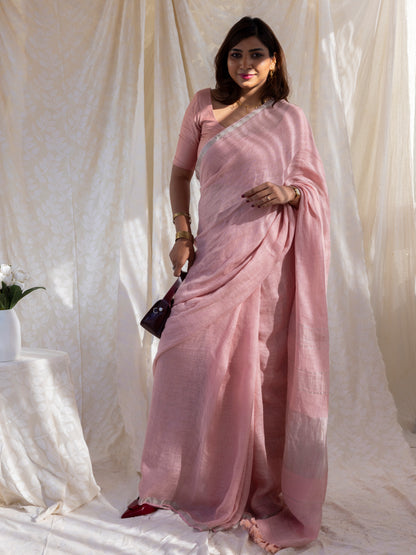 Poise - Pink Pure Handloom Linen Saree with Zari border