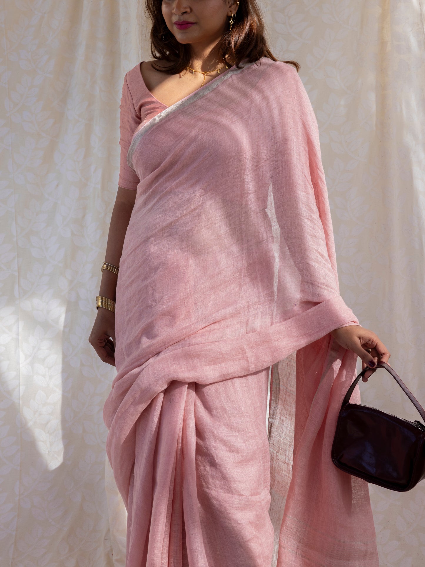 Poise - Pink Pure Handloom Linen Saree with Zari border