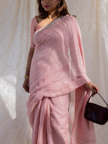 Poise - Pink Pure Handloom Linen Saree with Zari border