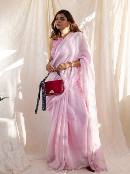 First Light - Powder Pink Pure Handloom Linen Saree with Zari border