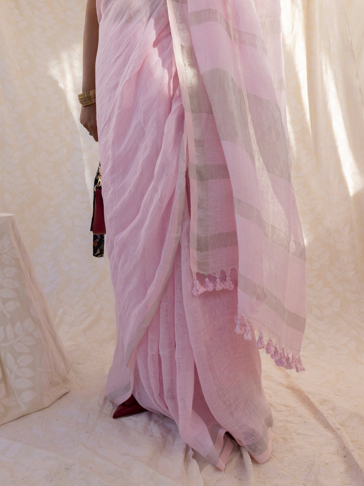 First Light - Powder Pink Pure Handloom Linen Saree with Zari border
