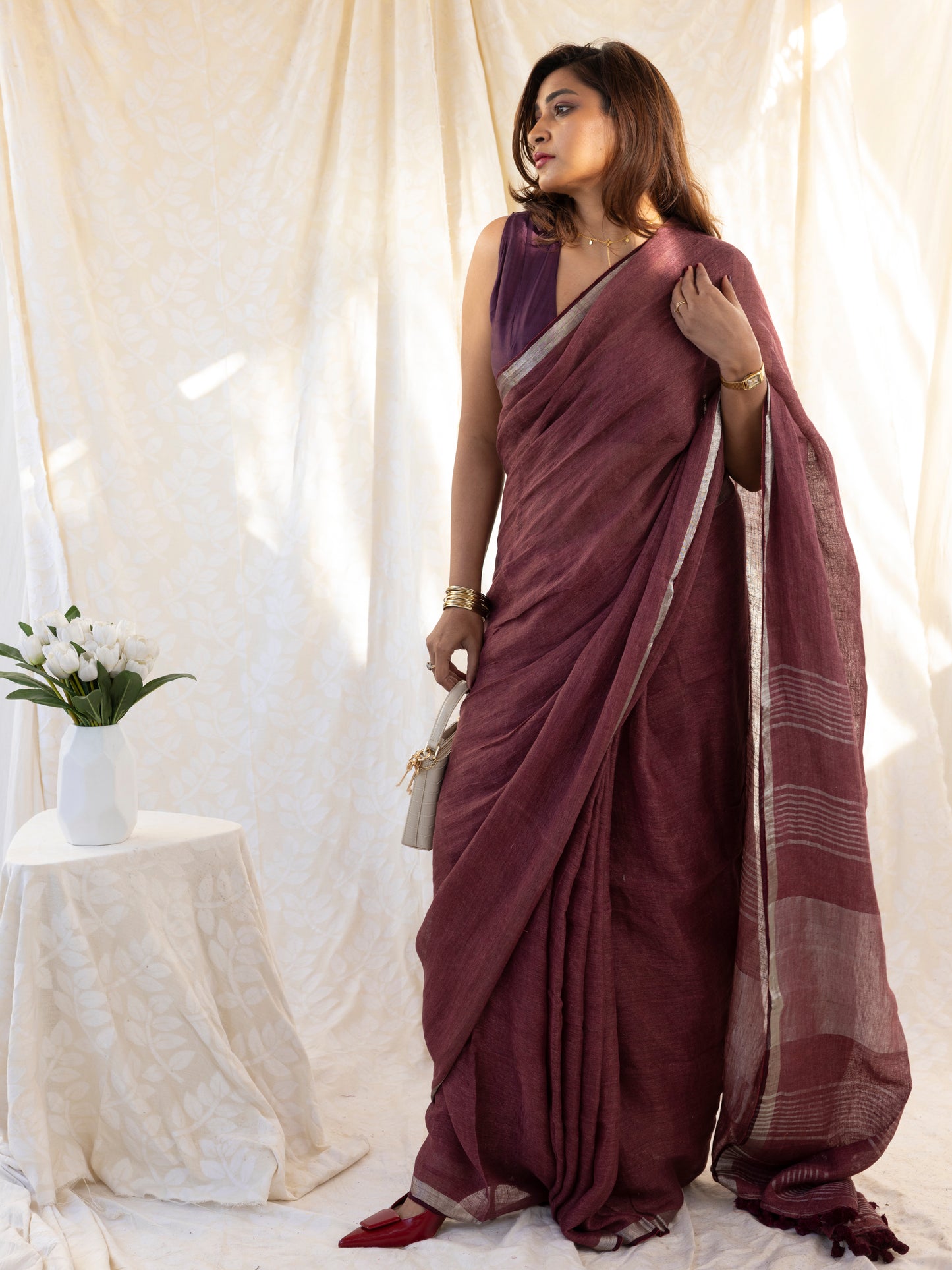 After Hours - Wine Red Pure Handloom Linen Saree with Zari border