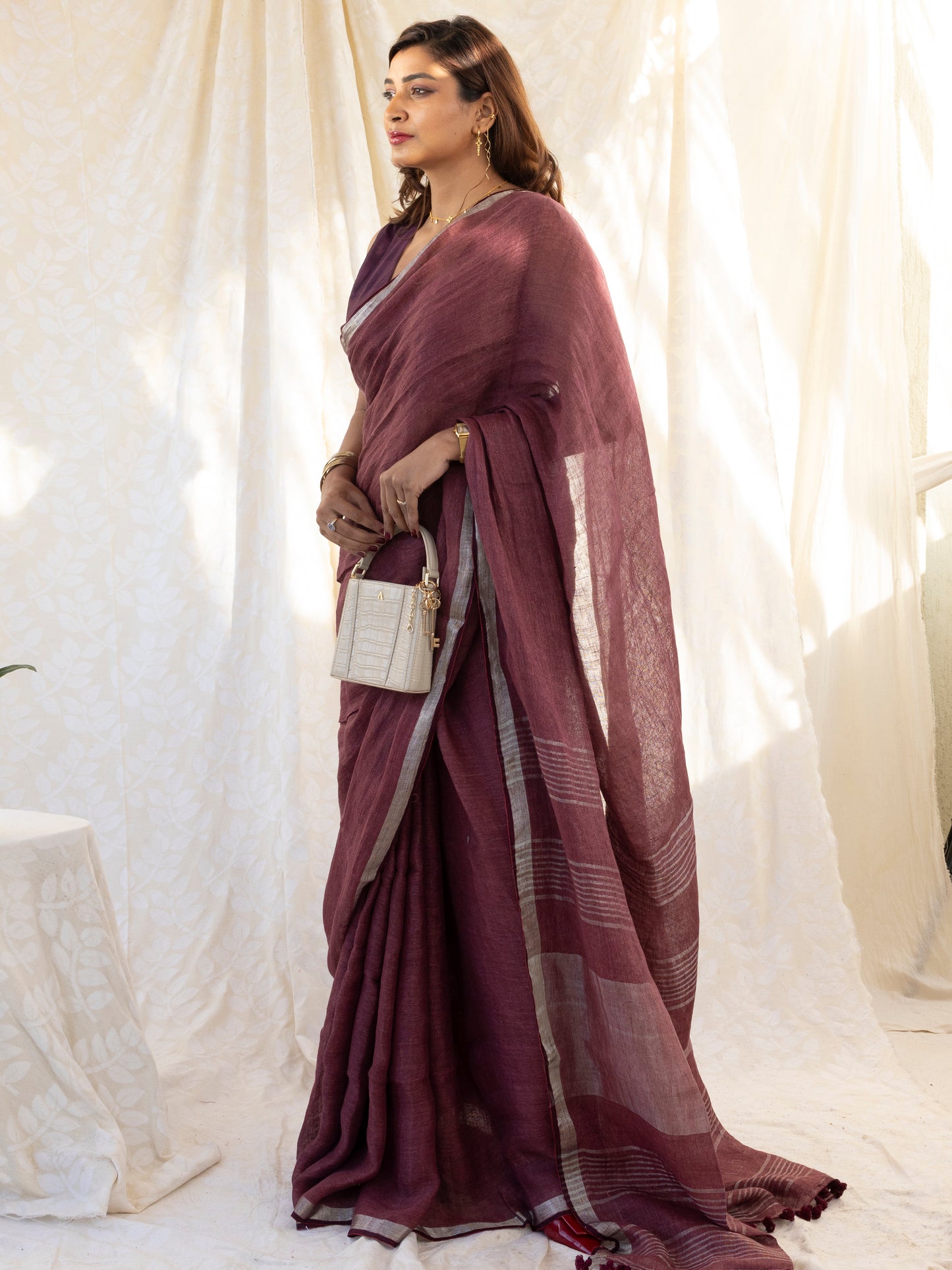 After Hours - Wine Red Pure Handloom Linen Saree with Zari border