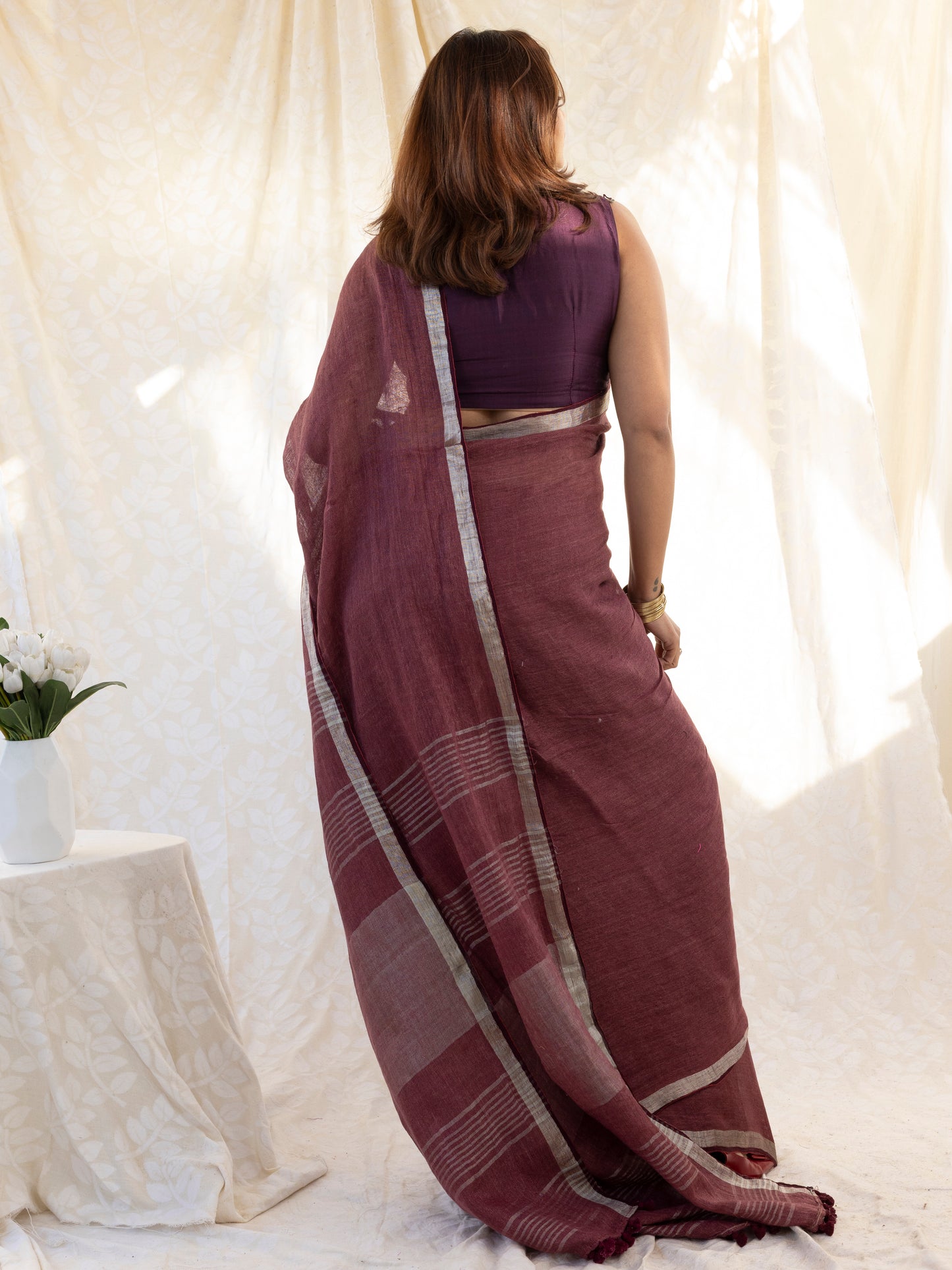 After Hours - Wine Red Pure Handloom Linen Saree with Zari border