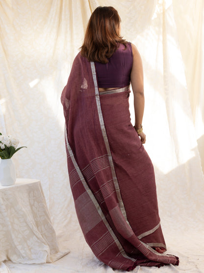 After Hours - Wine Red Pure Handloom Linen Saree with Zari border