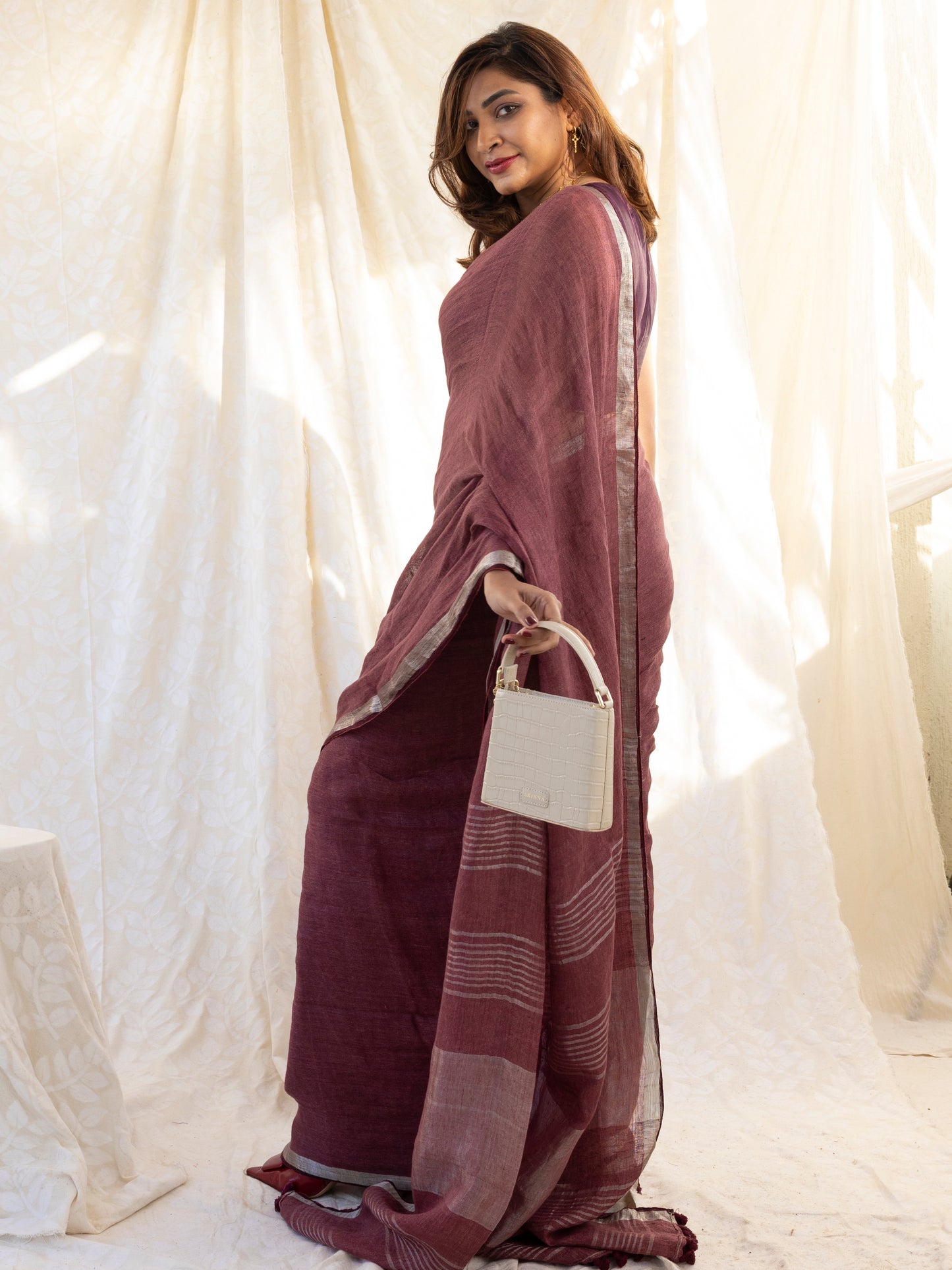 After Hours - Wine Red Pure Handloom Linen Saree with Zari border