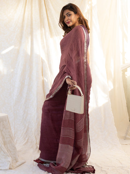 After Hours - Wine Red Pure Handloom Linen Saree with Zari border