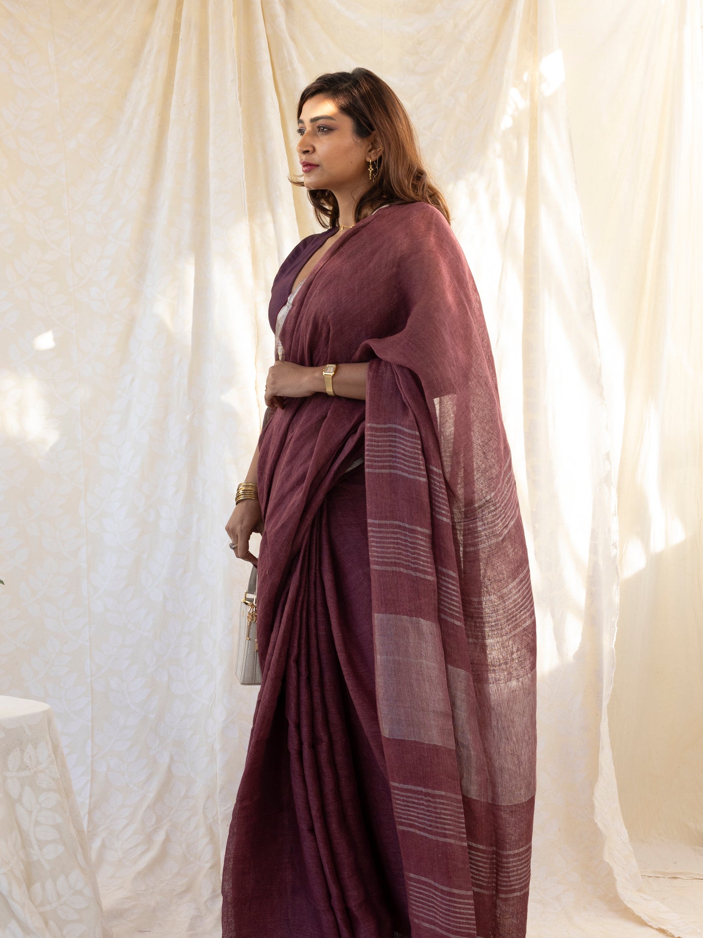 After Hours - Wine Red Pure Handloom Linen Saree with Zari border
