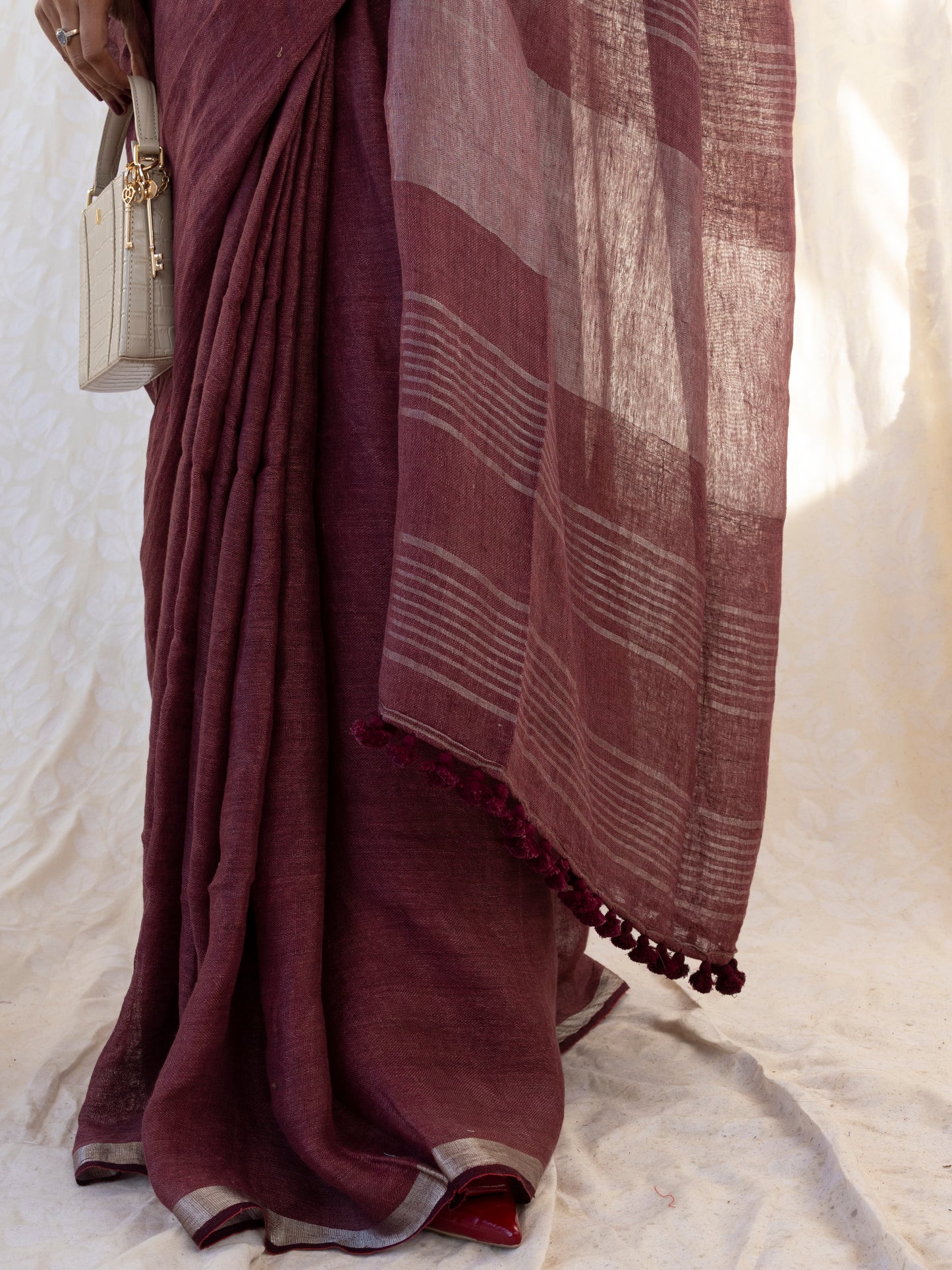 After Hours - Wine Red Pure Handloom Linen Saree with Zari border