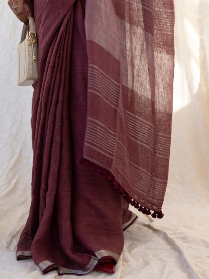 After Hours - Wine Red Pure Handloom Linen Saree with Zari border