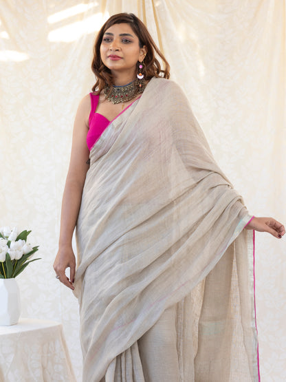 The Go to - Ivory Pure Handloom Linen Saree with Zari Border