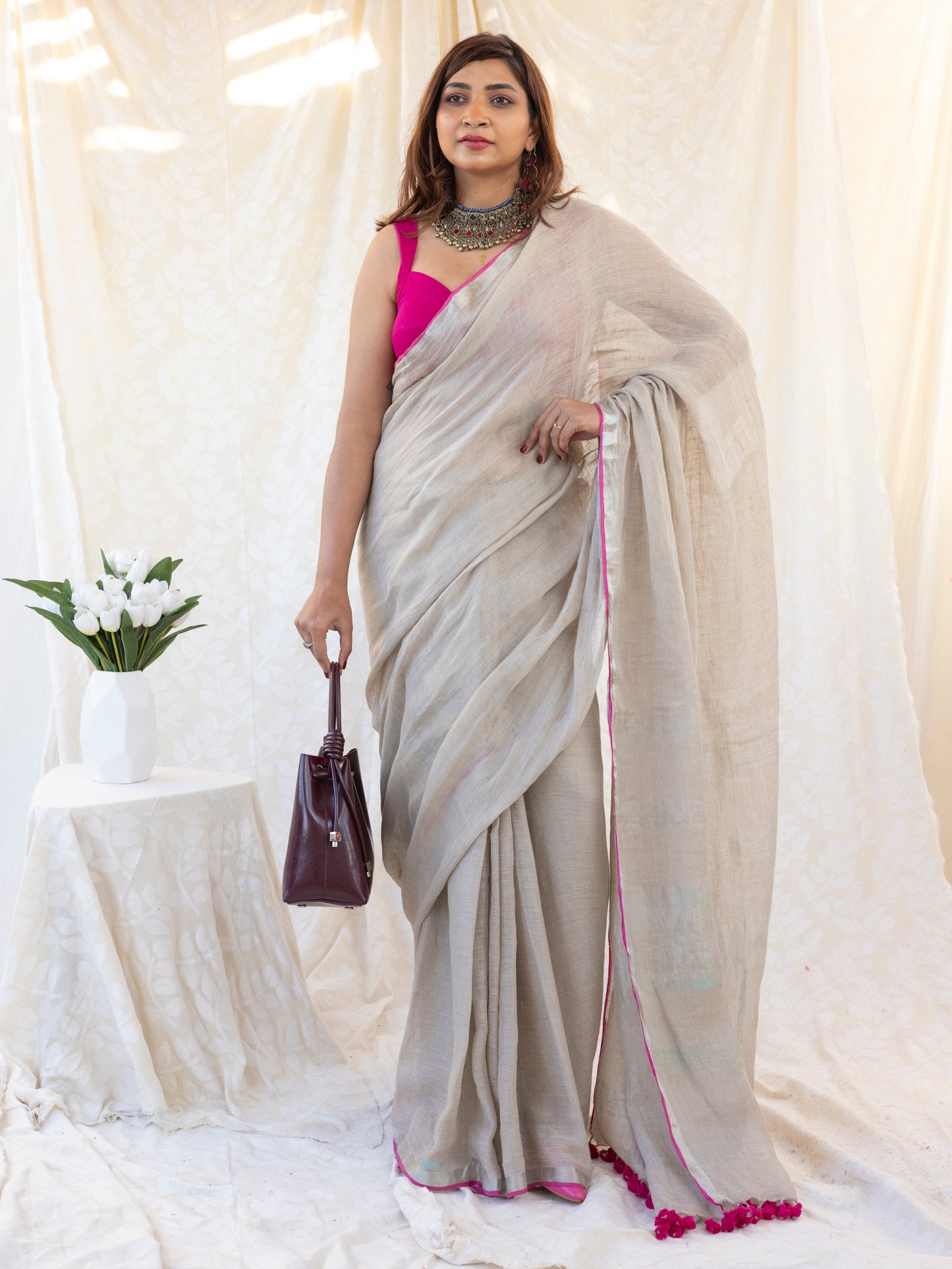 The Go to - Ivory Pure Handloom Linen Saree with Zari Border