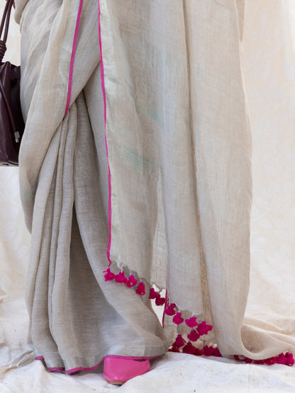 The Go to - Ivory Pure Handloom Linen Saree with Zari Border