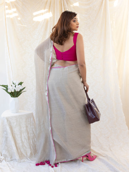 The Go to - Ivory Pure Handloom Linen Saree with Zari Border