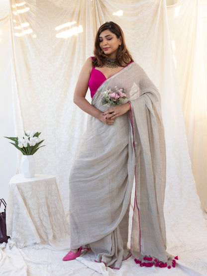 The Go to - Ivory Pure Handloom Linen Saree with Zari Border