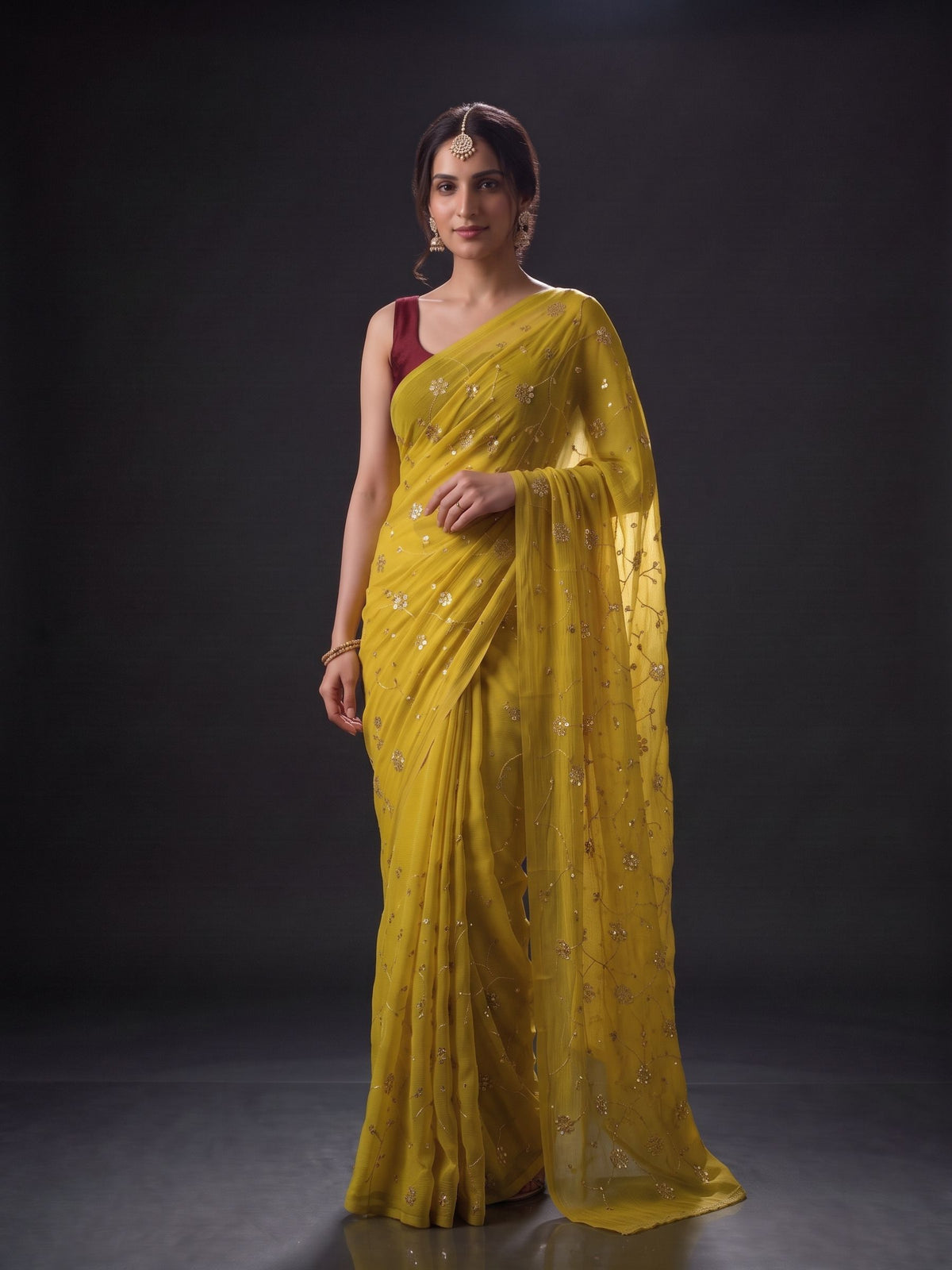 Rendezvous - Yellow Sequin Chiffon Partywear Saree