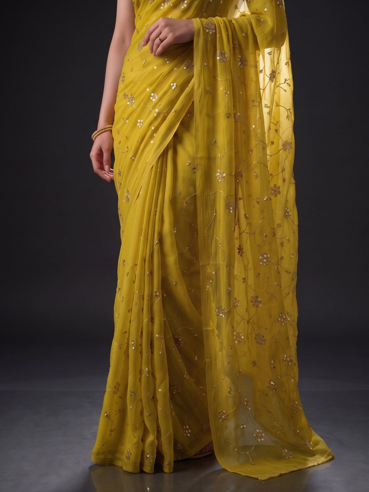 Rendezvous - Yellow Sequin Chiffon Partywear Saree