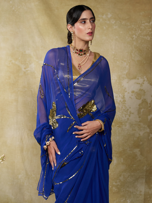 Sapphire - Royal Blue Gold Sequin Pure Chiffon Partywear Saree